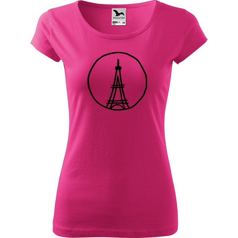 Ručně malované dámské bavlněné tričko - Eiffellova věž Barva trička: RŮŽOVÁ, Velikost trička: XL, Barva motivu: ČERNÁ