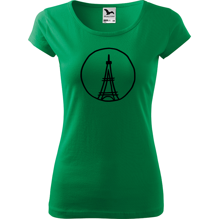 Ručně malované dámské bavlněné tričko - Eiffellova věž Barva trička: STŘEDNĚ ZELENÁ, Velikost trička: XXL, Barva motivu: ČERNÁ
