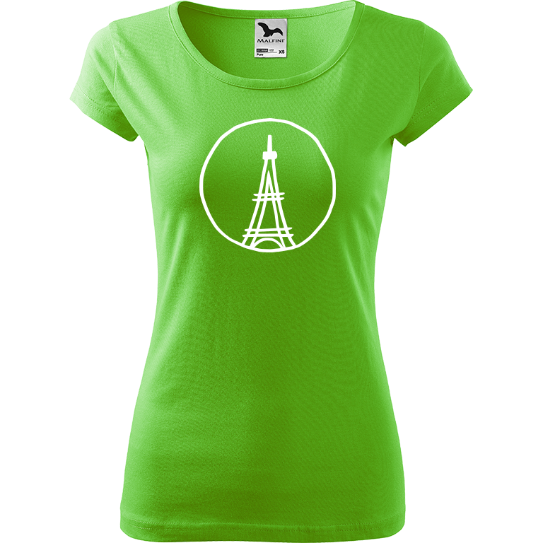 Ručně malované dámské bavlněné tričko - Eiffellova věž Barva trička: SVĚTLE ZELENÁ, Velikost trička: XS, Barva motivu: BÍLÁ