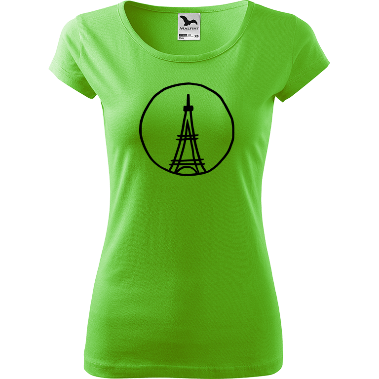 Ručně malované dámské bavlněné tričko - Eiffellova věž Barva trička: SVĚTLE ZELENÁ, Velikost trička: XS, Barva motivu: ČERNÁ