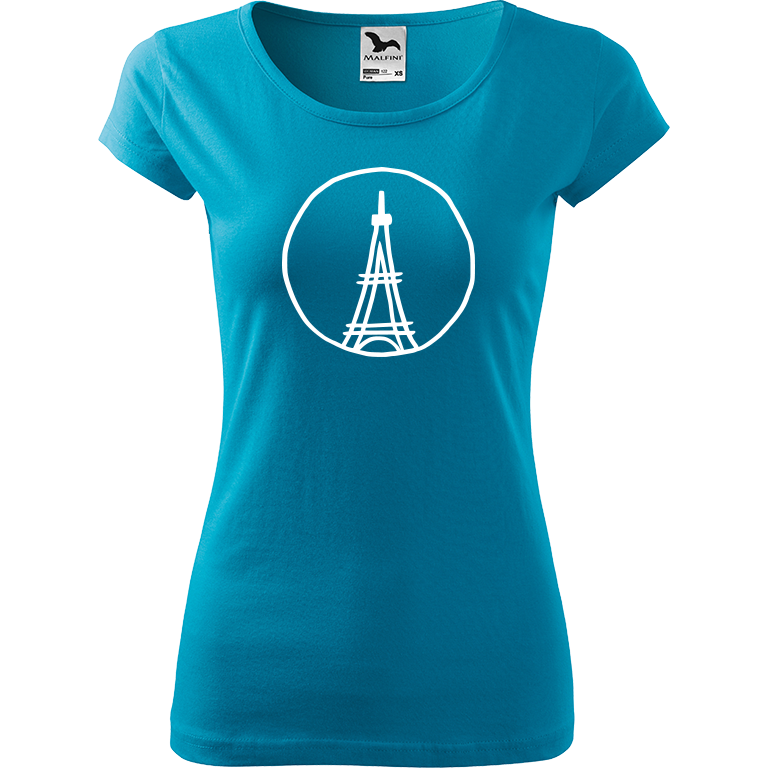 Ručně malované dámské bavlněné tričko - Eiffellova věž Barva trička: TYRKYSOVÁ, Velikost trička: S, Barva motivu: BÍLÁ