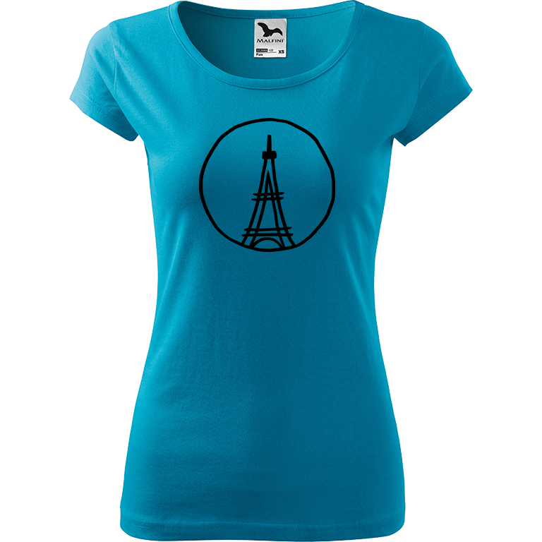 Ručně malované dámské bavlněné tričko - Eiffellova věž Barva trička: TYRKYSOVÁ, Velikost trička: M, Barva motivu: ČERNÁ