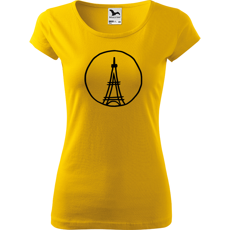 Ručně malované dámské bavlněné tričko - Eiffellova věž Barva trička: ŽLUTÁ, Velikost trička: L, Barva motivu: ČERNÁ