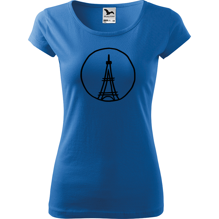 Ručně malované dámské bavlněné tričko - Eiffellova věž Barva trička: AZUROVÁ, Velikost trička: XL, Barva motivu: ČERNÁ