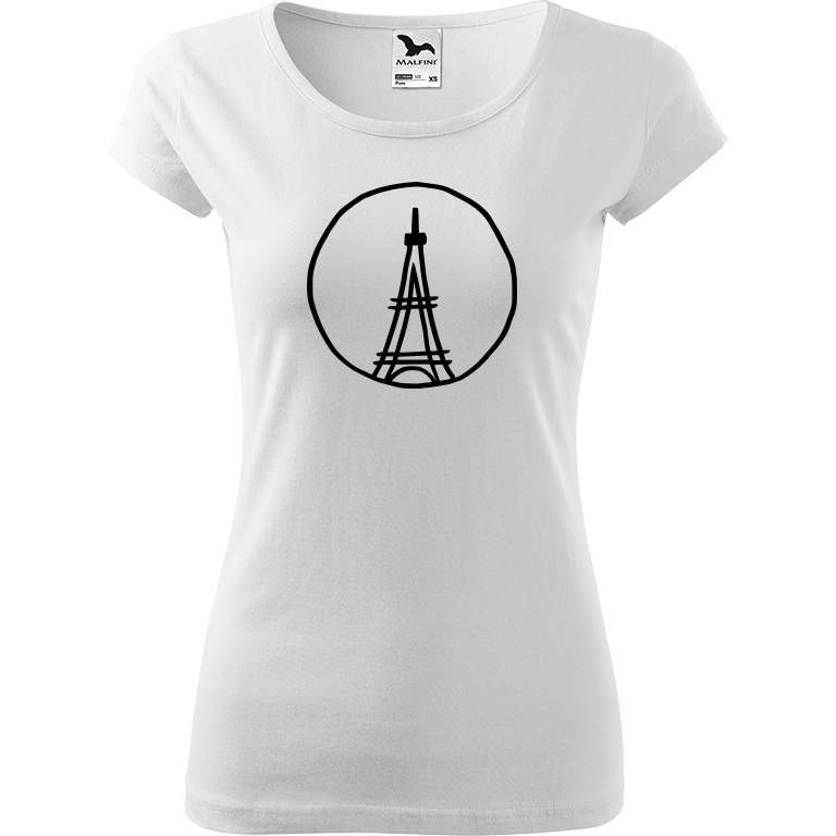Ručně malované dámské bavlněné tričko - Eiffellova věž Barva trička: BÍLÁ, Velikost trička: XL, Barva motivu: ČERNÁ