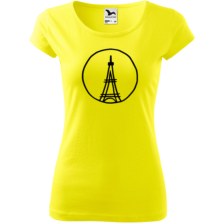 Ručně malované dámské bavlněné tričko - Eiffellova věž Barva trička: CITRONOVÁ, Velikost trička: S, Barva motivu: ČERNÁ