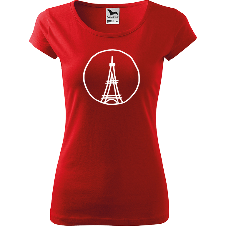 Ručně malované dámské bavlněné tričko - Eiffellova věž Barva trička: ČERVENÁ, Velikost trička: S, Barva motivu: BÍLÁ