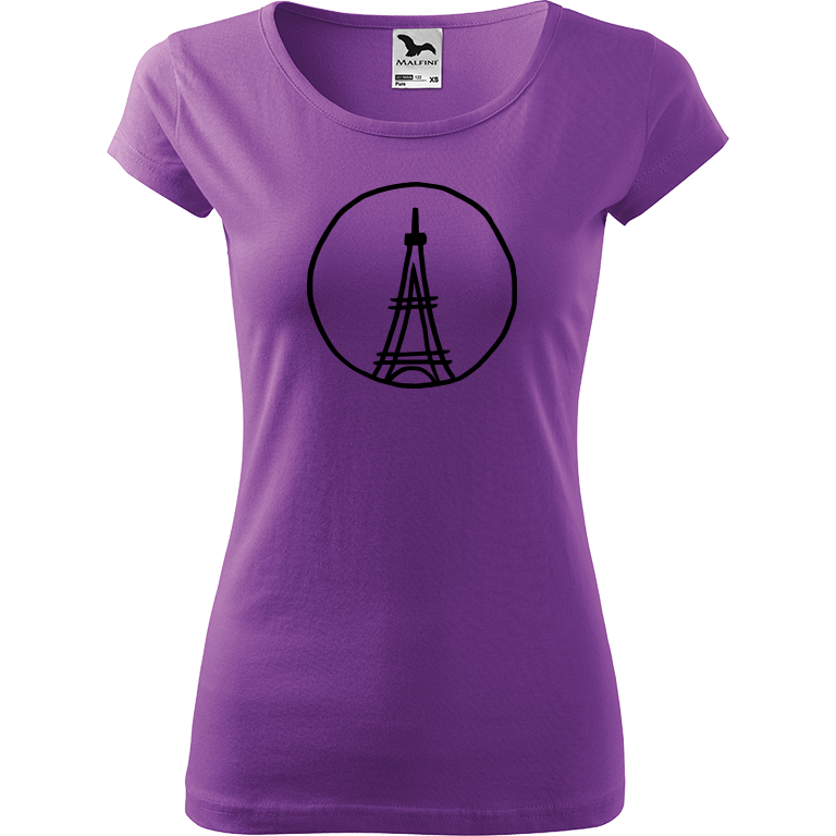 Ručně malované dámské bavlněné tričko - Eiffellova věž Barva trička: FIALOVÁ, Velikost trička: M, Barva motivu: ČERNÁ