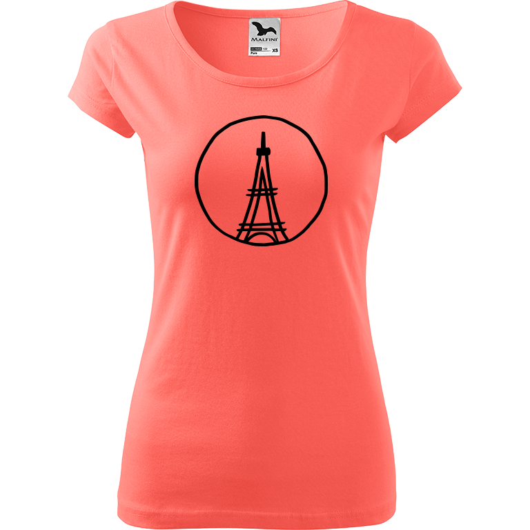 Ručně malované dámské bavlněné tričko - Eiffellova věž Barva trička: KORÁLOVÁ, Velikost trička: XL, Barva motivu: ČERNÁ