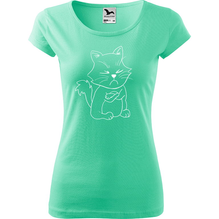 Ručně malované dámské bavlněné tričko - Grumpy Kitty Barva trička: MÁTOVÁ, Velikost trička: XS, Barva motivu: BÍLÁ