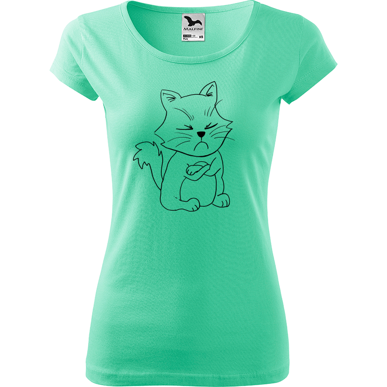 Ručně malované dámské bavlněné tričko - Grumpy Kitty Barva trička: MÁTOVÁ, Velikost trička: XS, Barva motivu: ČERNÁ