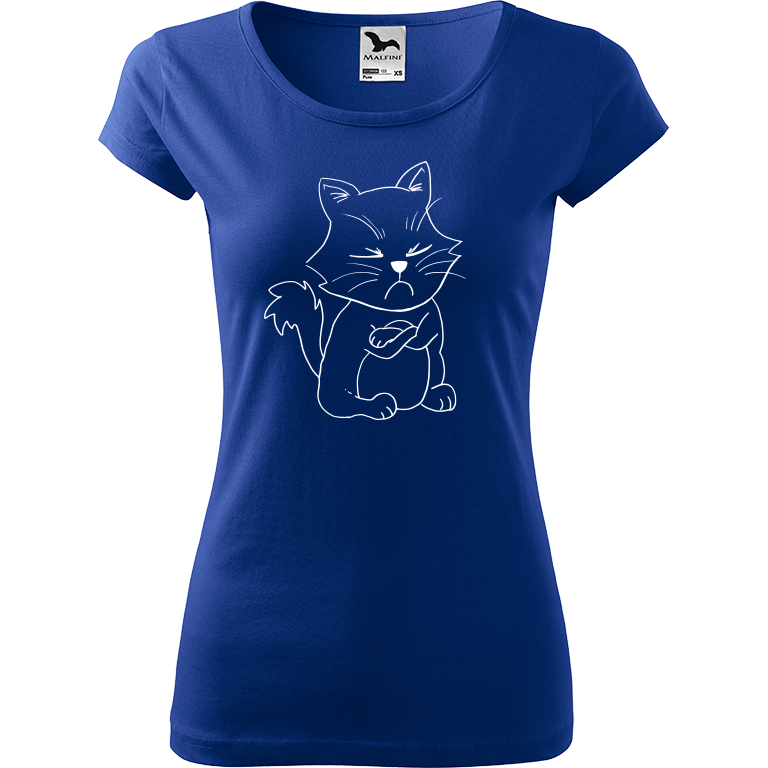 Ručně malované dámské bavlněné tričko - Grumpy Kitty Barva trička: MODRÁ, Velikost trička: L, Barva motivu: BÍLÁ