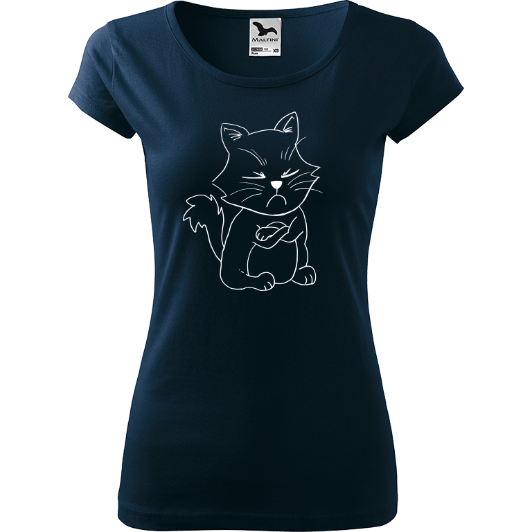Ručně malované dámské bavlněné tričko - Grumpy Kitty Barva trička: NÁMOŘNICKÁ MODRÁ, Velikost trička: XXL, Barva motivu: BÍLÁ