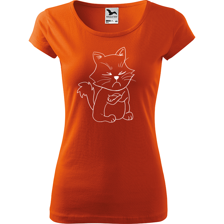 Ručně malované dámské bavlněné tričko - Grumpy Kitty Barva trička: ORANŽOVÁ, Velikost trička: XS, Barva motivu: BÍLÁ