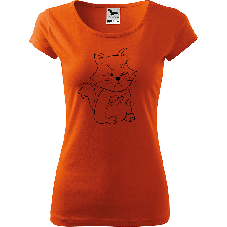 Ručně malované dámské bavlněné tričko - Grumpy Kitty Barva trička: ORANŽOVÁ, Velikost trička: XL, Barva motivu: ČERNÁ