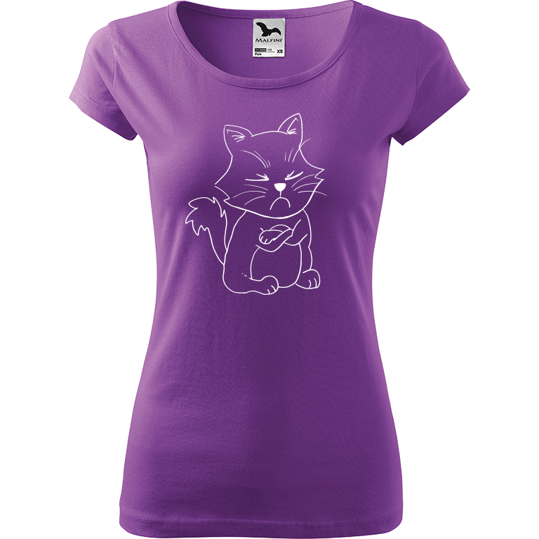 Ručně malované dámské bavlněné tričko - Grumpy Kitty Barva trička: FIALOVÁ, Velikost trička: XS, Barva motivu: BÍLÁ