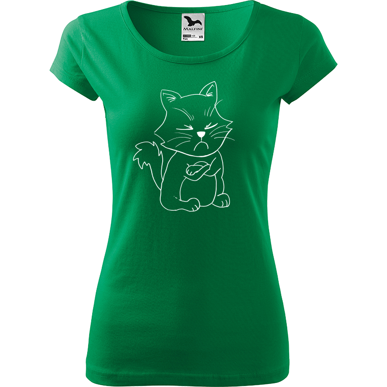 Ručně malované dámské bavlněné tričko - Grumpy Kitty Barva trička: STŘEDNĚ ZELENÁ, Velikost trička: XXL, Barva motivu: BÍLÁ