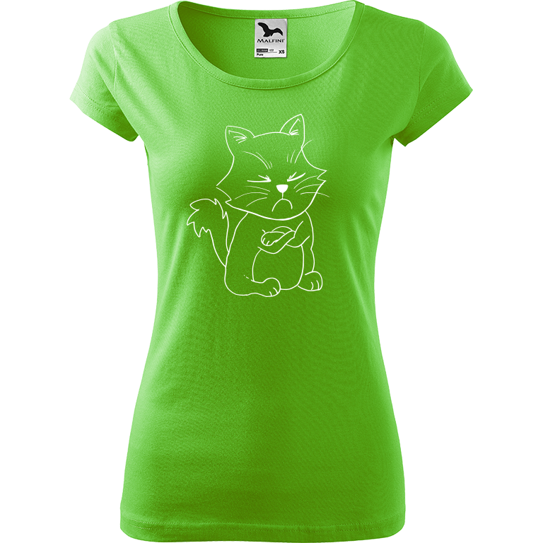 Ručně malované dámské bavlněné tričko - Grumpy Kitty Barva trička: SVĚTLE ZELENÁ, Velikost trička: XS, Barva motivu: BÍLÁ