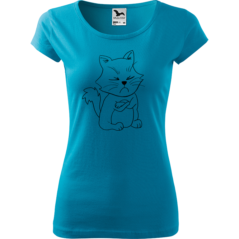 Ručně malované dámské bavlněné tričko - Grumpy Kitty Barva trička: TYRKYSOVÁ, Velikost trička: XS, Barva motivu: ČERNÁ