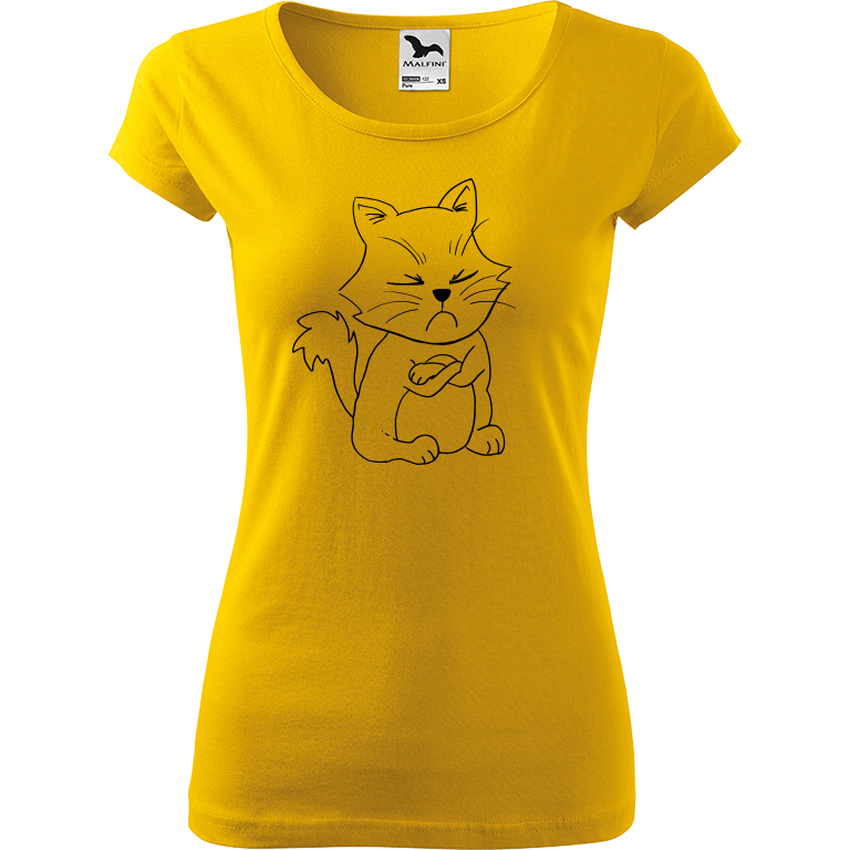 Ručně malované dámské bavlněné tričko - Grumpy Kitty Barva trička: ŽLUTÁ, Velikost trička: L, Barva motivu: ČERNÁ