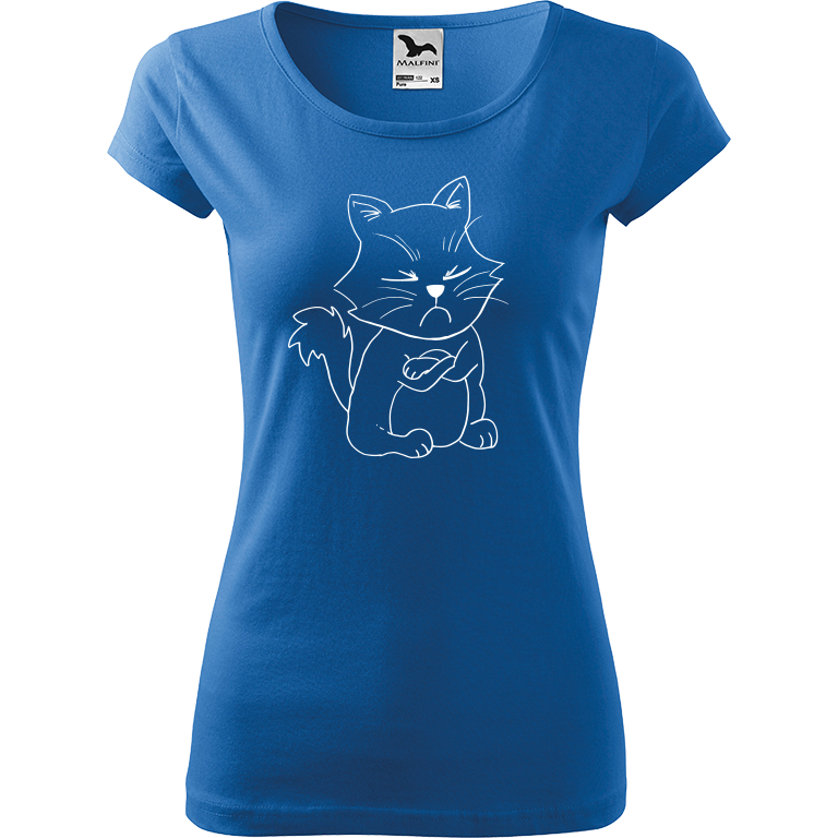 Ručně malované dámské bavlněné tričko - Grumpy Kitty Barva trička: AZUROVÁ, Velikost trička: XL, Barva motivu: BÍLÁ