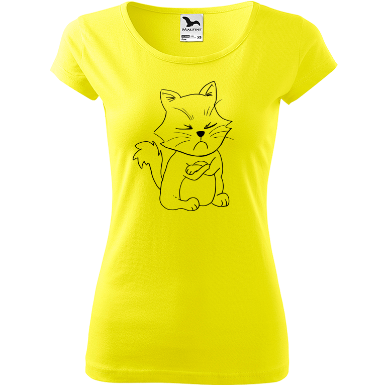Ručně malované dámské bavlněné tričko - Grumpy Kitty Barva trička: CITRONOVÁ, Velikost trička: M, Barva motivu: ČERNÁ
