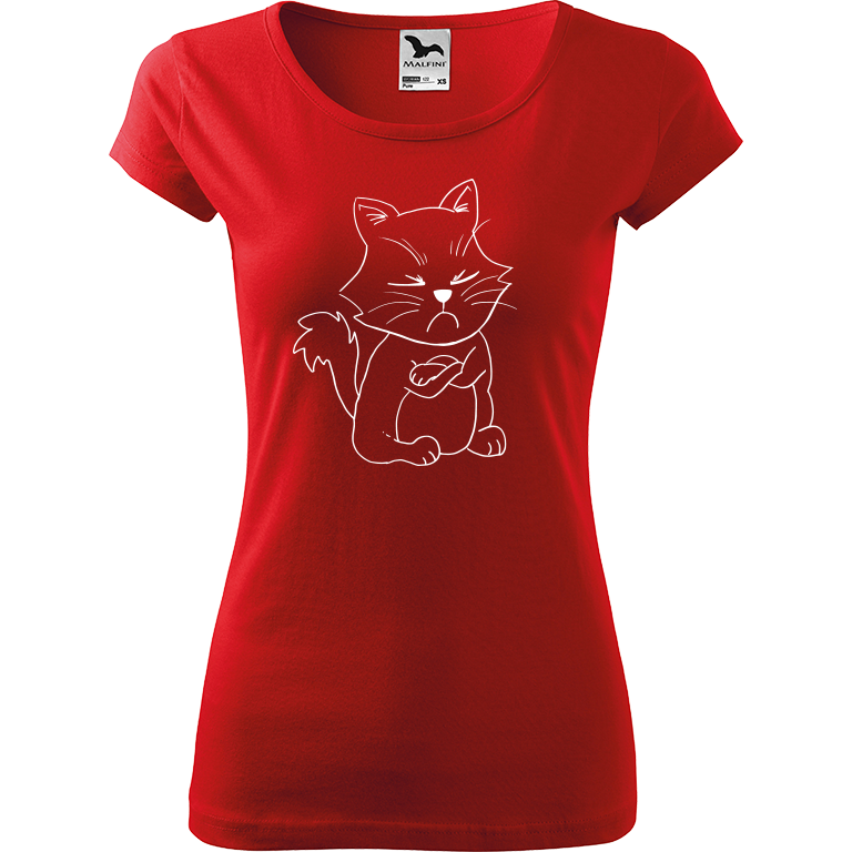Ručně malované dámské bavlněné tričko - Grumpy Kitty Barva trička: ČERVENÁ, Velikost trička: XS, Barva motivu: BÍLÁ