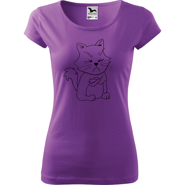 Ručně malované dámské bavlněné tričko - Grumpy Kitty Barva trička: FIALOVÁ, Velikost trička: M, Barva motivu: ČERNÁ