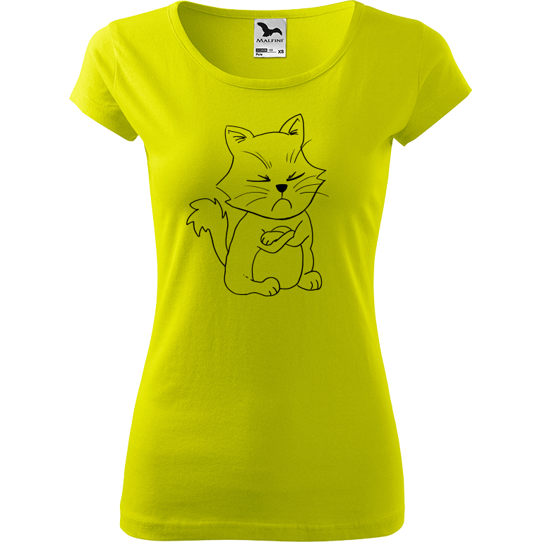 Ručně malované dámské bavlněné tričko - Grumpy Kitty Barva trička: LIMETKOVÁ, Velikost trička: M, Barva motivu: ČERNÁ