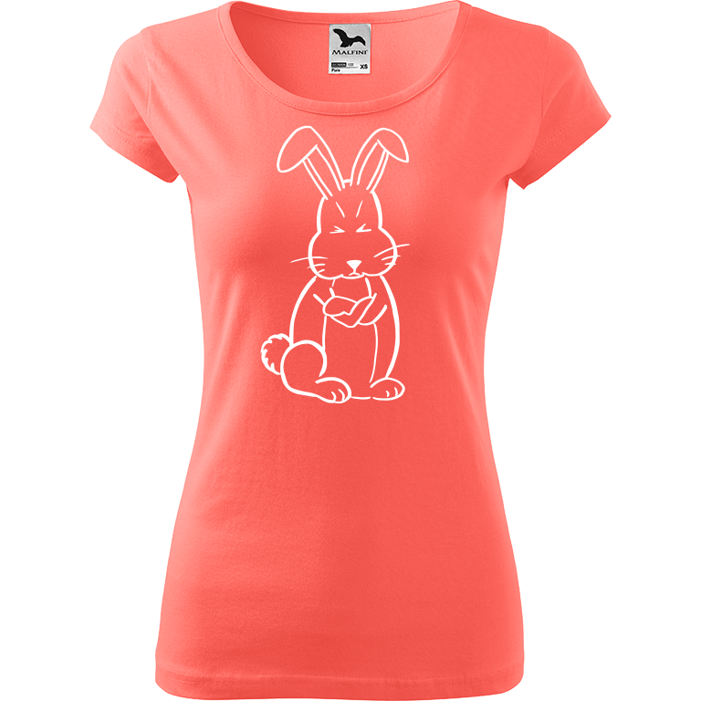 Ručně malované dámské bavlněné tričko - Grumpy Rabbit Barva trička: KORÁLOVÁ, Velikost trička: S, Barva motivu: BÍLÁ