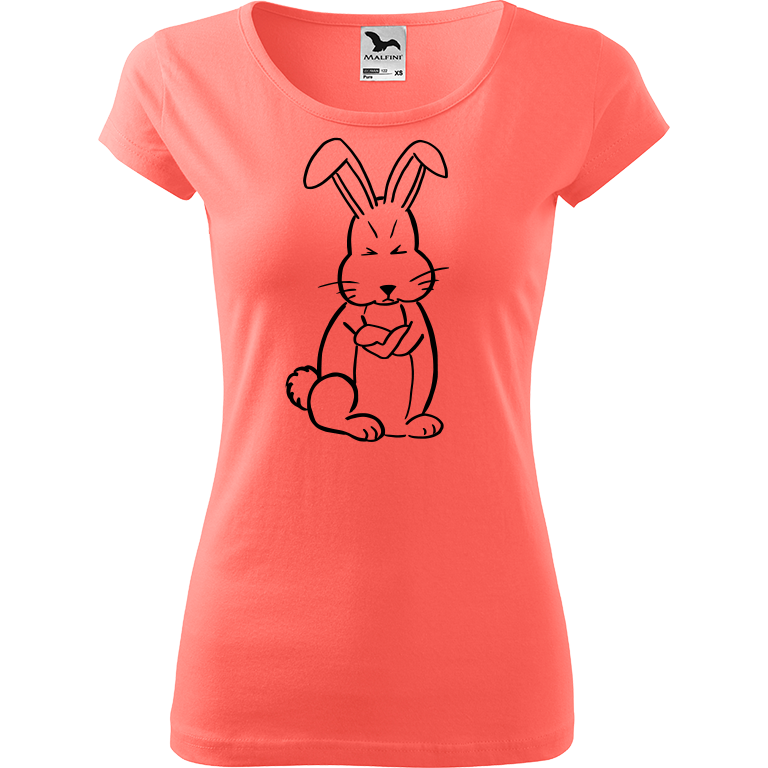 Ručně malované dámské bavlněné tričko - Grumpy Rabbit Barva trička: KORÁLOVÁ, Velikost trička: S, Barva motivu: ČERNÁ