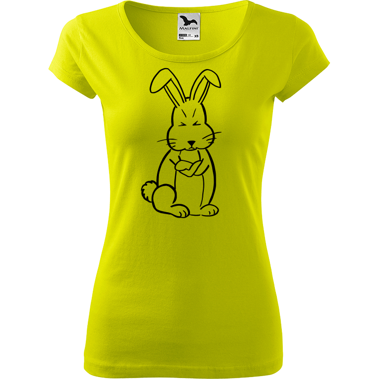 Ručně malované dámské bavlněné tričko - Grumpy Rabbit Barva trička: LIMETKOVÁ, Velikost trička: M, Barva motivu: ČERNÁ