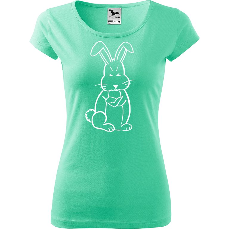 Ručně malované dámské bavlněné tričko - Grumpy Rabbit Barva trička: MÁTOVÁ, Velikost trička: XS, Barva motivu: BÍLÁ