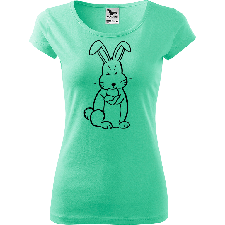 Ručně malované dámské bavlněné tričko - Grumpy Rabbit Barva trička: MÁTOVÁ, Velikost trička: L, Barva motivu: ČERNÁ