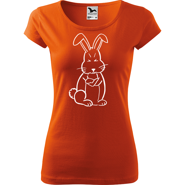Ručně malované dámské bavlněné tričko - Grumpy Rabbit Barva trička: ORANŽOVÁ, Velikost trička: XL, Barva motivu: BÍLÁ