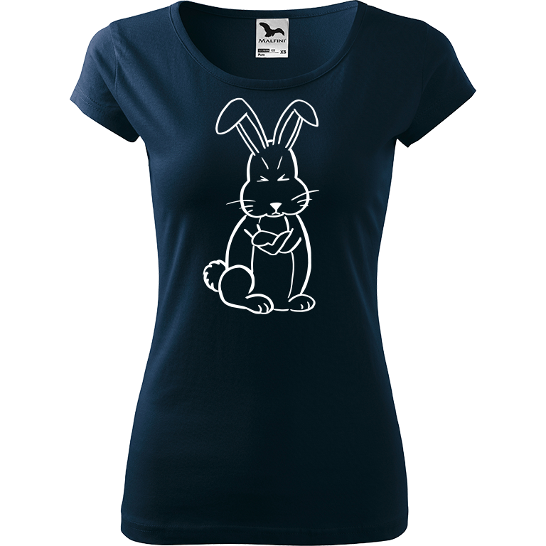 Ručně malované dámské bavlněné tričko - Grumpy Rabbit Barva trička: NÁMOŘNICKÁ MODRÁ, Velikost trička: S, Barva motivu: BÍLÁ