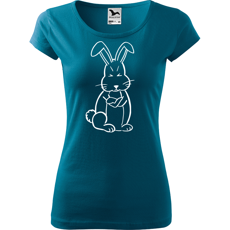 Ručně malované dámské bavlněné tričko - Grumpy Rabbit Barva trička: PETROLEJOVÁ, Velikost trička: M, Barva motivu: BÍLÁ