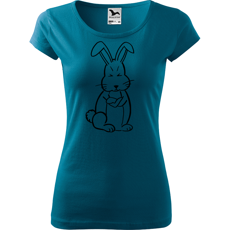 Ručně malované dámské bavlněné tričko - Grumpy Rabbit Barva trička: PETROLEJOVÁ, Velikost trička: XL, Barva motivu: ČERNÁ
