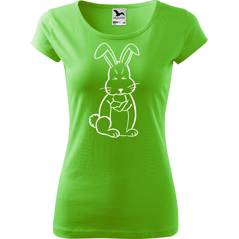 Ručně malované dámské bavlněné tričko - Grumpy Rabbit Barva trička: SVĚTLE ZELENÁ, Velikost trička: XL, Barva motivu: BÍLÁ
