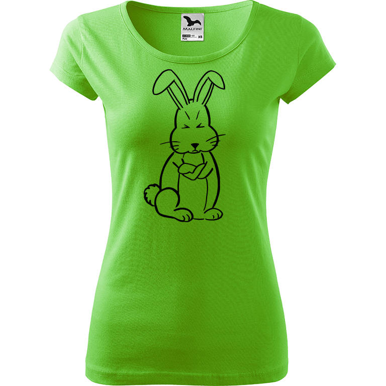Ručně malované dámské bavlněné tričko - Grumpy Rabbit Barva trička: SVĚTLE ZELENÁ, Velikost trička: XS, Barva motivu: ČERNÁ