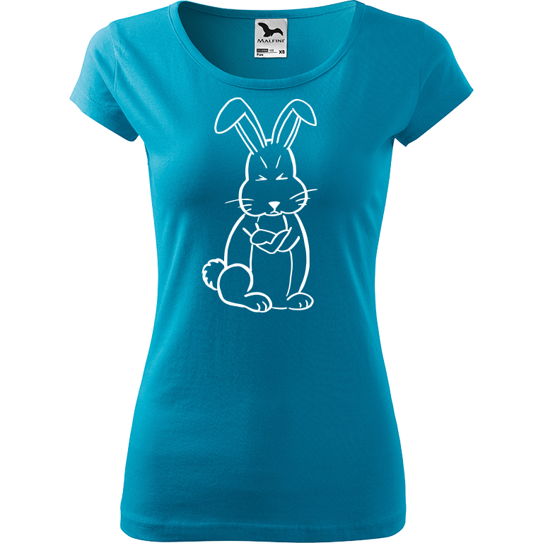 Ručně malované dámské bavlněné tričko - Grumpy Rabbit Barva trička: TYRKYSOVÁ, Velikost trička: L, Barva motivu: BÍLÁ