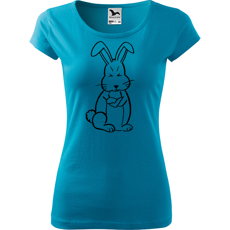 Ručně malované dámské bavlněné tričko - Grumpy Rabbit Barva trička: TYRKYSOVÁ, Velikost trička: XL, Barva motivu: ČERNÁ
