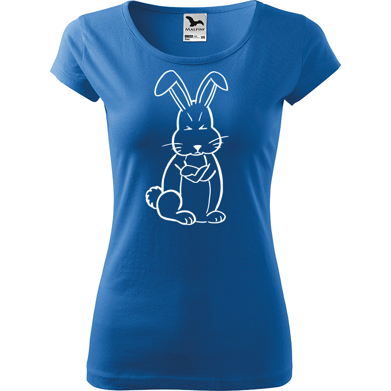 Ručně malované dámské bavlněné tričko - Grumpy Rabbit Barva trička: AZUROVÁ, Velikost trička: XS, Barva motivu: BÍLÁ
