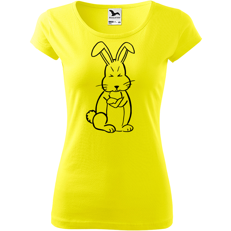 Ručně malované dámské bavlněné tričko - Grumpy Rabbit Barva trička: CITRONOVÁ, Velikost trička: XL, Barva motivu: ČERNÁ