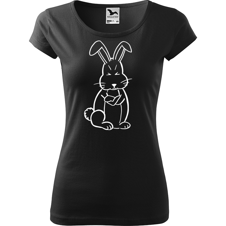 Ručně malované dámské bavlněné tričko - Grumpy Rabbit Barva trička: ČERNÁ, Velikost trička: XS, Barva motivu: BÍLÁ
