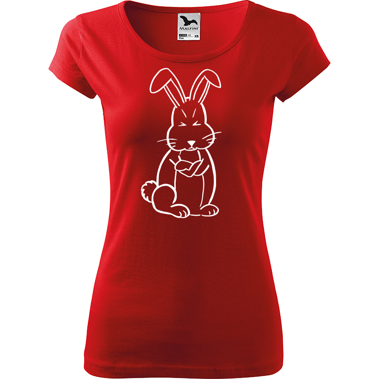Ručně malované dámské bavlněné tričko - Grumpy Rabbit Barva trička: ČERVENÁ, Velikost trička: XXL, Barva motivu: BÍLÁ