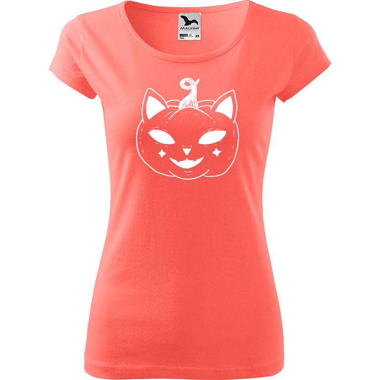 Ručně malované dámské bavlněné tričko - Halloween kočka - Dýně Barva trička: KORÁLOVÁ, Velikost trička: XL, Barva motivu: BÍLÁ