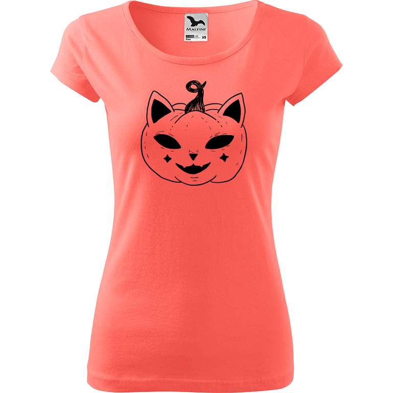 Ručně malované dámské bavlněné tričko - Halloween kočka - Dýně Barva trička: KORÁLOVÁ, Velikost trička: XL, Barva motivu: ČERNÁ