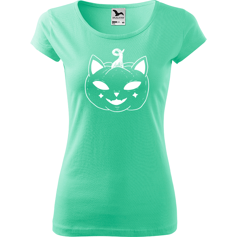 Ručně malované dámské bavlněné tričko - Halloween kočka - Dýně Barva trička: MÁTOVÁ, Velikost trička: XS, Barva motivu: BÍLÁ