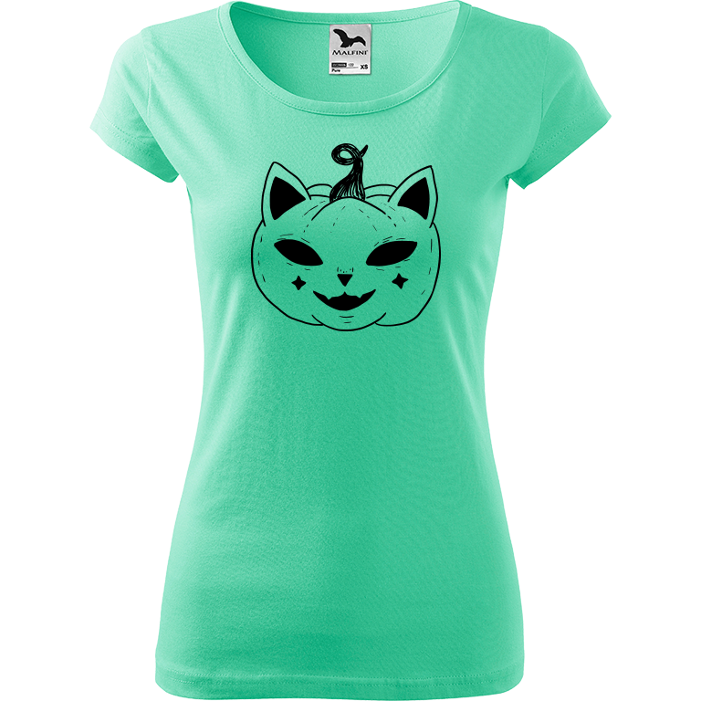 Ručně malované dámské bavlněné tričko - Halloween kočka - Dýně Barva trička: MÁTOVÁ, Velikost trička: XS, Barva motivu: ČERNÁ